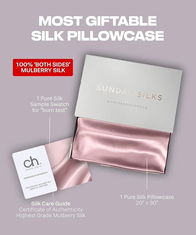 SUNDAYSILKS™ Premium Silk Pillow Cases | 100% Mulberry Silk Pillowcase with Zipper, All Sides Real 22 Momme Grade 6A Silk, Standard Queen, King Size [Pink Quartz]