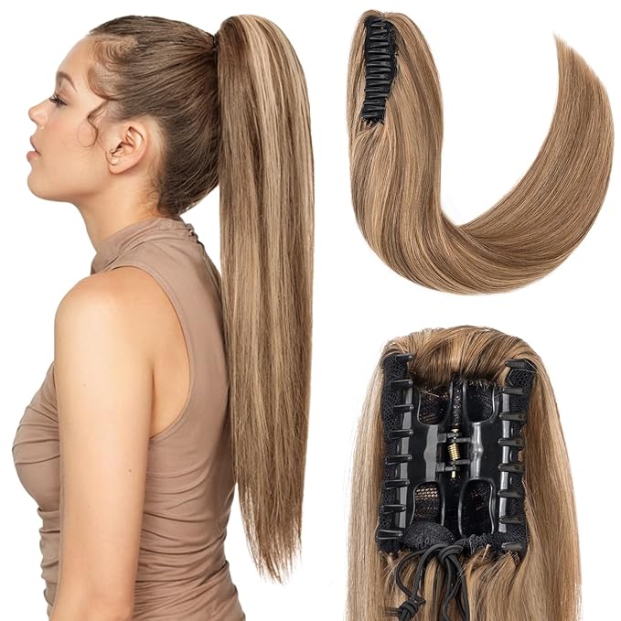 Hairro Claw Clip Ponytail Human Hair Extensions Jaw On Ponytails Remy Long Straight Jaw/Claw Clips Pony Tail Hairpieces For Women 18 Inch 115g #4P27 Medium Brown Mix Dark Blonde