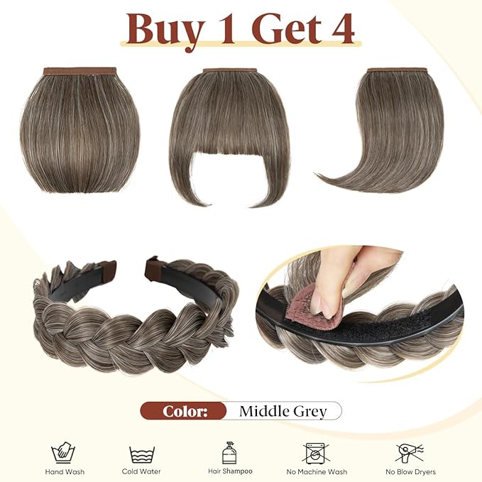 SARLA Braided Headband with 3 Detachable Clip in Bangs Fringe Hairpieces Fake Synthetic Hair Band Bangs for Women Middle Grey