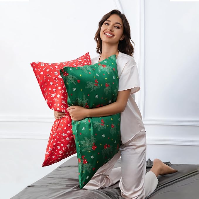 THXSILK Christmas Style 6A+ Grade Mulberry Silk Pillowcase for Hair and Skin, 22 Momme 100% Pure Silk Pillow Case with Hidden Zipper, Christmas Holly Printed Pillow Cover, Red， Queen