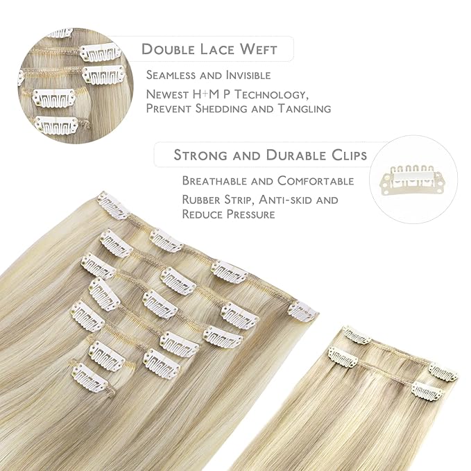 WENNALIFE Hair Extensions Clip In, 9pcs 22inch 150g Ash Blonde Highlighted Platinum Blonde Thicker Clip In Hair Extensions Real Human Hair Remy hair extension Double Weft Clip in Human Hair Extensions
