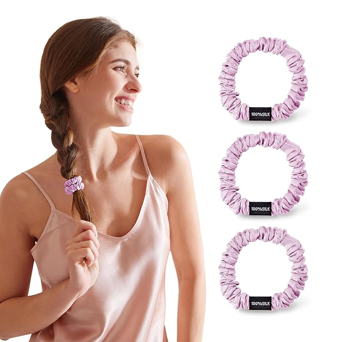 THXSILK 100% Mulberry Silk Scrunchies 3-Pack, 25 Momme Mulberry Silk Hair Ties for Women, Sleek Low Profile No Damage Ponytail Holders, for Fine Hair & Everyday Use, Light Purple