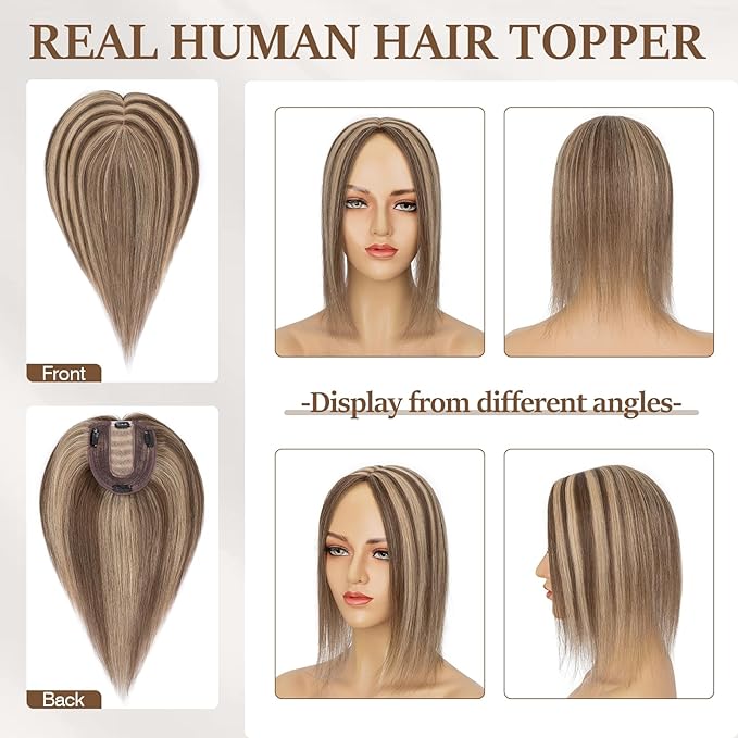 Rich Choices Hair Toppers for Women Real Human Hair 100% Human Remy Toppers NO Bangs with Thinning on Top Clip in Hairpiece 4"x4.7"Lace Base 18 Inch #4P27 Medium Brown Highlights Dark Blonde