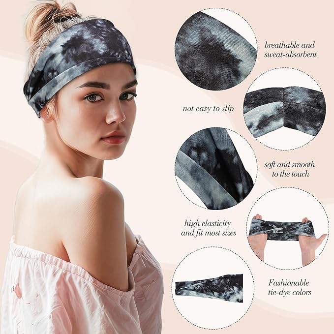 obeoby Tie Dye Headbands for Women, 8Pcs Boho Hairbands Fashion Knot Wide Headband for Daily Yoga Work, Hippie Gifts for Women