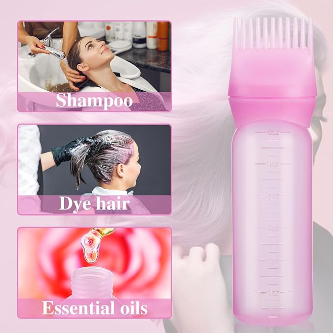 Pimoys 2 Pack Root Comb Applicator Bottle, 6 Ounce Oil Applicator for Hair Dye, Hair Oiling Applicator Hair Coloring Brush Bottle with Graduated Scale