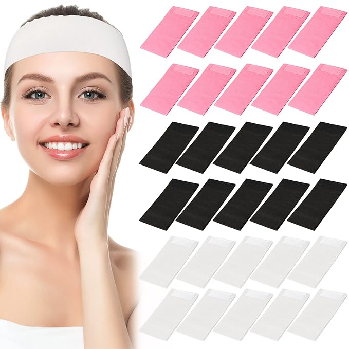 Hanaive 120 Pieces Disposable Headbands for Facials Spa Headbands with Convenient Closure Stretch Non Woven Skin Care Hair Band Soft for Women Salons Face Washing, Shower, Pink, Black, White