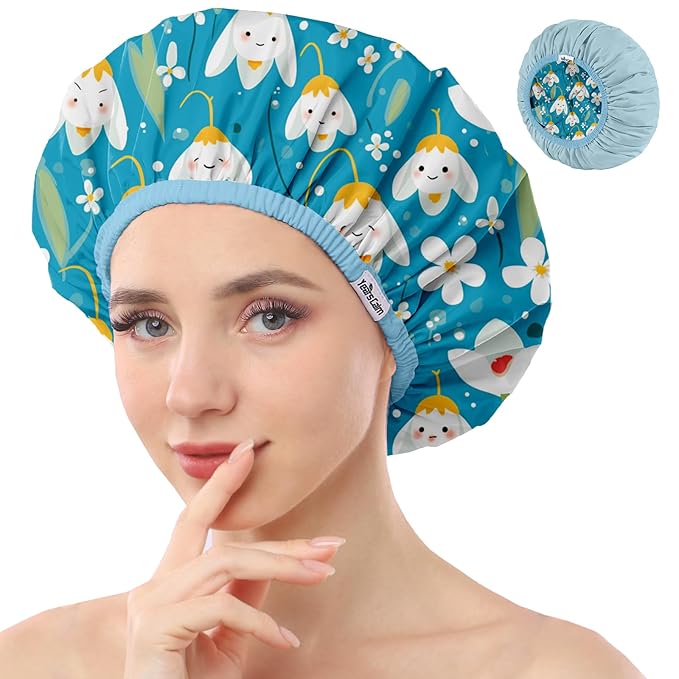 Years Calm Shower Caps For Women Reusable Waterproof，Pattern And Solid Color Dual-Layer Design For Dual-Layer Usable，Protects Hair In Shower, Spa, Cooking, Clean & Travel (Bell Orchid, Extra Large)