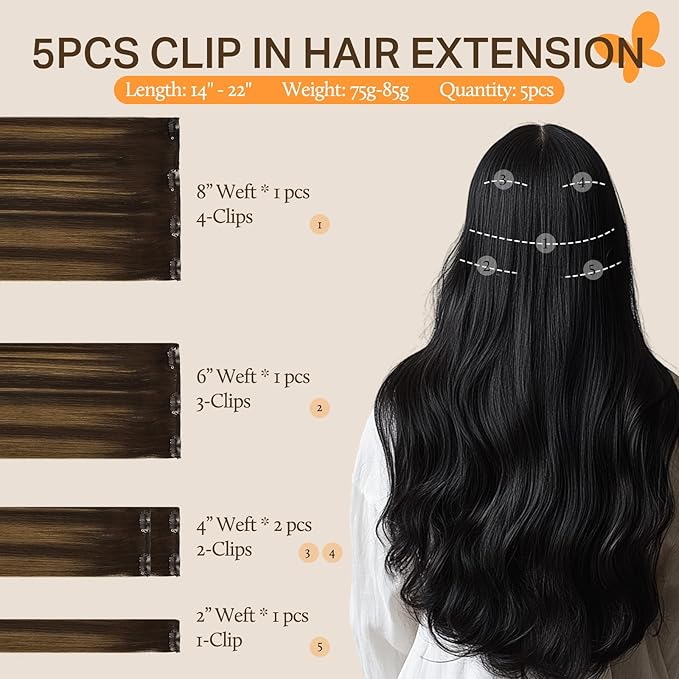 DOORES Clip in hair extensions, 5pcs 75g Dark Brown 14 Inch Human Hair Extensions Clip in Remy Hair Extensions Natural Straight