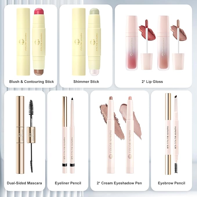Color Nymph Makeup Kit for Girls Beginner Makeup Gift Set with Portable Bag Include 2 Color Lip Gloss, Eyeshadow Pen, Blush & Contouring, Highlight, Mascara, Eyebrow Pencil