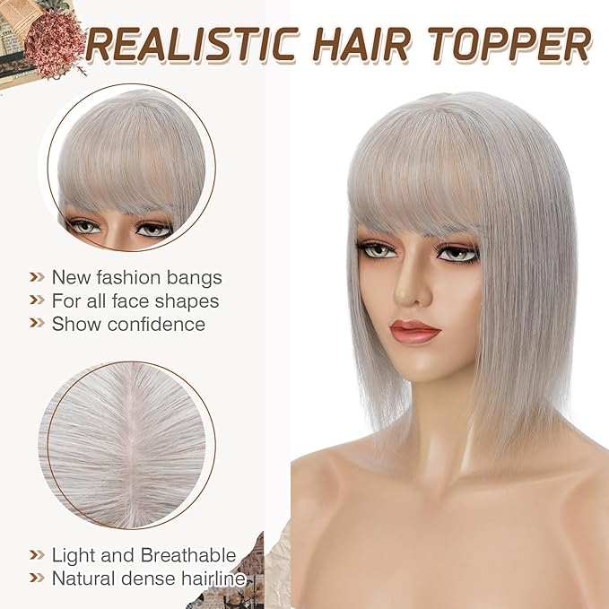 Rich Choices Real Human Hair Toppers for Women With Bang 100% Remy Human Hair Topper for Thinning Hair Clip in Silk Base Hair Topper 6 Inch GREY
