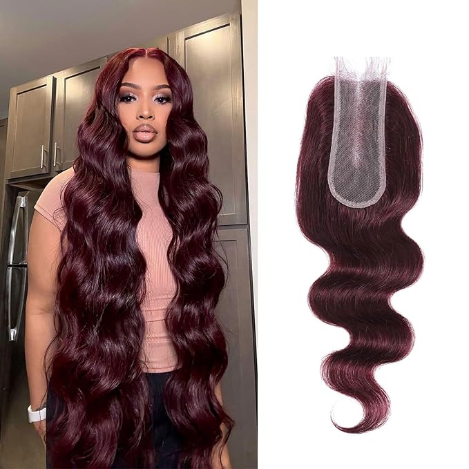 2x6 HD Lace Closure Human Hair Body Wave 99J Burgundy Dark Red Wine Color Transparent Lace Closure 2x6 Long Deep Middle Part 100% Raw Virgin Human Hair 18 Inch 150% Density