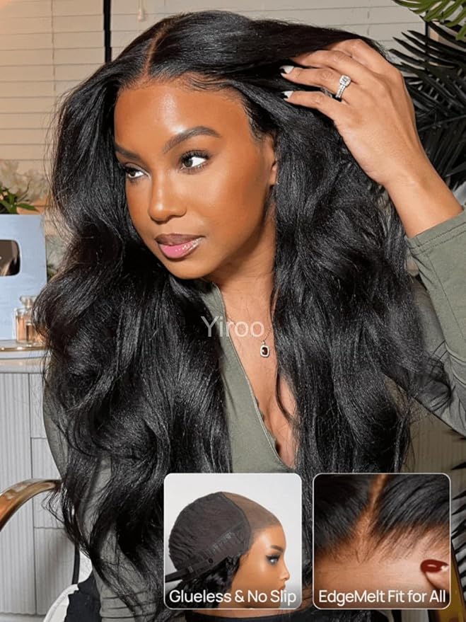YIROO No Slip 7x5 Bye Bye Knots Yaki Straight Lace Front Glueless Drawstring Wig Human Hair with Deep Stretch Cap Fits All Head Sizes,Pre-Plucked Pre-Cut Wear and Go Wig for Women 150% Density 24Inch
