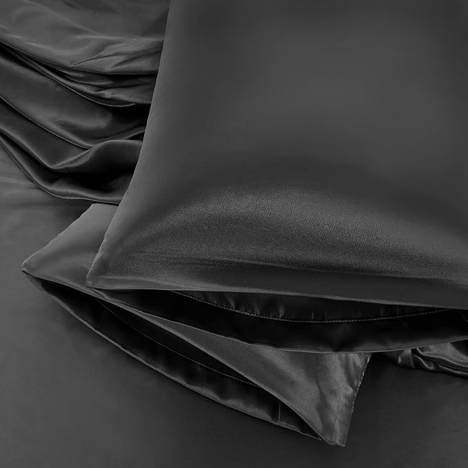 Aormenzy Black Satin Pillowcase for Hair and Skin, Satin Pillow Cases for Women Standard Size Set of 2 with Envelope Closure Silky Pillow Covers Wrinkle, Fade Resistant (20x26 Inches)