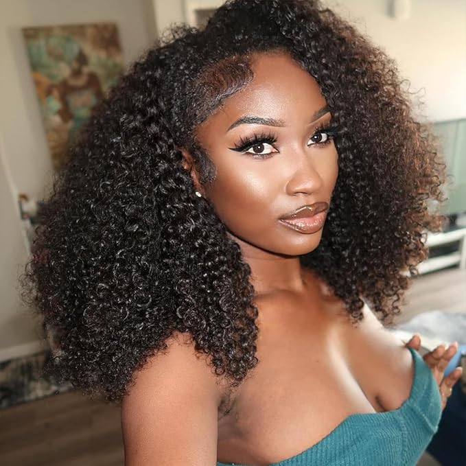 WOWANGEL Kinky Curly Half Wig Human Hair 180% Density Flexi-Fit Invisi 3 in 1 Wigs Flip Drawstring Wig Glueless Wear and Go Headband Wig 100% Human Hair for Women, Natural Black, 24 Inch