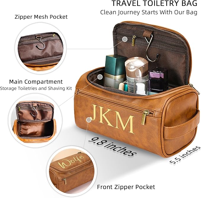 Personalized Toiletry Bag for Men, Engraved Name Initials Toiletry Bag, Customized Monogram Travel Shaving Dopp Kit for Groomsmen, Gift for Christmas, Birthday, Dad, Husband (Dark Brown)