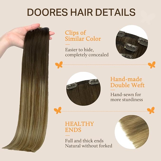 DOORES Human Hair Clip in Extensions, Dark Brown Fading to Light Brown and Ash Blonde 12 Inch 80g 7pcs, Clip in Hair Extensions Human Hair Silky Straight Natural Hair Extensions