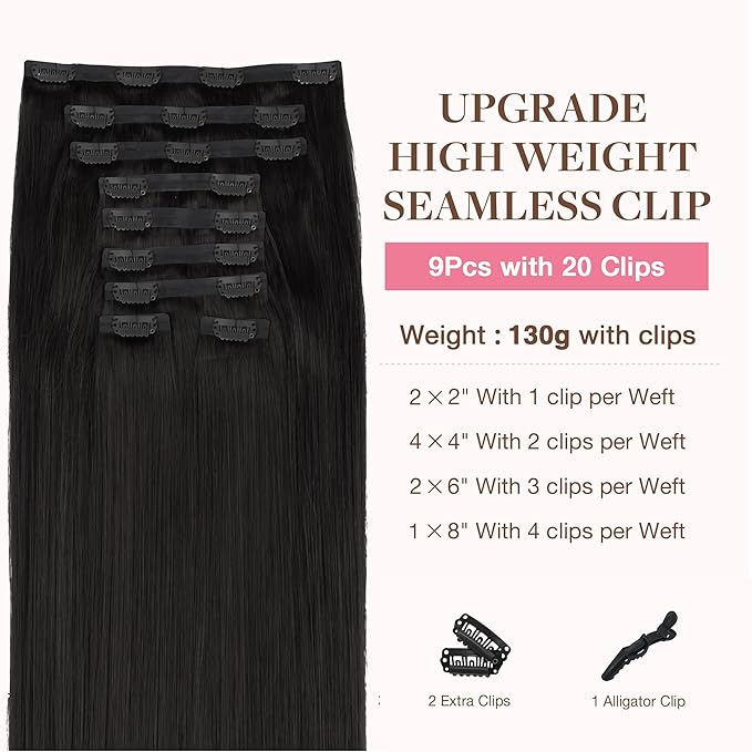 GOO GOO Clip in Hair Extensions Real Human Hair, Remy Human Hair Extensions Clip ins for Women, Natural Human Hair, 14inch 150g 9Pcs, #1B Natural Black