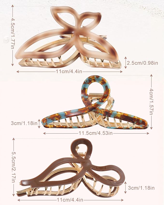 HAIMEIKANG 3 PCs Metal Acrylic Hair Bow Claw Clips - Strong Hold Non-Slip Large Gold Clips for Thick Hair