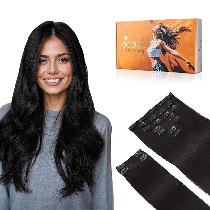 DOORES Human Hair Extensions Clip in, Natural Black 150g 9pcs 24 Inch, Straight Clip in Extensions Natural Remy Thick Weft
