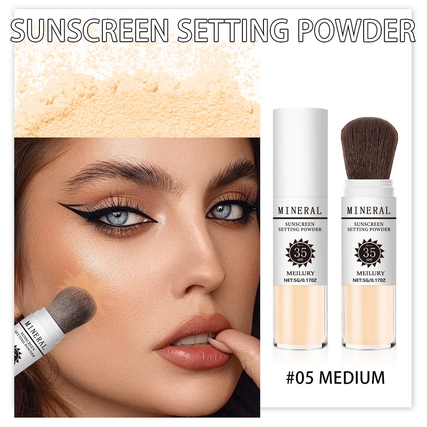 Sunscreen Setting Powder SPF 35, Mineral Brush Powder for Face & Scalp, Oil Control Natural Matte Finish Loose Powder Translucent Lasting Lightweight Breathable for All Skin (#05 Medium)