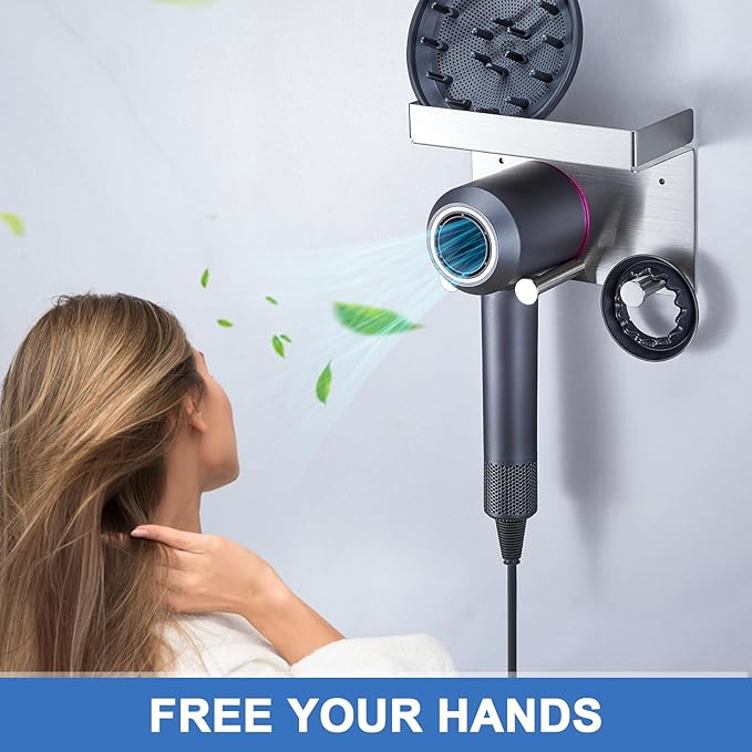 Hair Dryer Holder Wall Mounted, Stainless Steel Blow Dryer Holder for Attachments Storage, Hair Tool Organizer with Plug&Cord Hook, Adhesive Hairdryer Hanger for Bathroom, Silver
