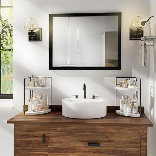 2 Pack Bathroom Counter Organizer,2 Tier Corner Bathroom Counter Organizer, Wooden Vanity Organizer for Bathroom Organizers and Skincare Cosmetics Dresser Storage