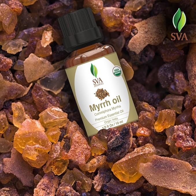 SVA Myrrh Essential Oil Organic – 1/3 Fl Oz – 100% Natural Organic Myrrh Oil - for Diffuser, Hair Care, Face, Skin Care, Aromatherapy, Scalp and Body Massage, Soap and Candle Making