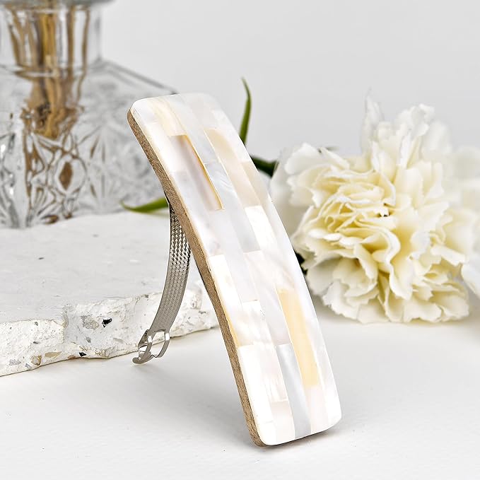 AeraVida Shimmering Iridescent Mosaic White Mother of Pearl Shell Hair Accessory | Flat Wood Clip for Women