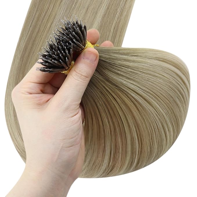 YoungSee Nano Bead Hair Extensions Human Hair Ombre Blonde Nano Ring Hair Extensions Human Hair Balayage Ash Blonde Ombre Platinum Blond Nanolink Hair Extension 22Inch for Wedding 50G 50S