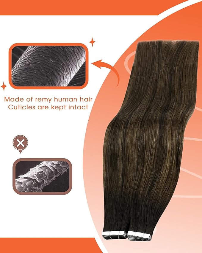Sunny Hair Tape in Hair Extensions Real Human Hair Invisible Remy Hair Extensions Tape ins for Women Darkest Brown Ombre Medium Brown Balayage 12 inch 20G