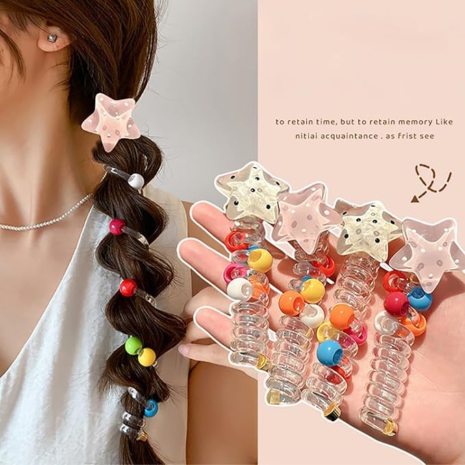 4 Pcs Star Spiral Hair Ties Braided Elastic Telephone Scrunchies Phone Cord Hair Bands Women Thin Thick Hair Straight Ponytail Hair Accessories