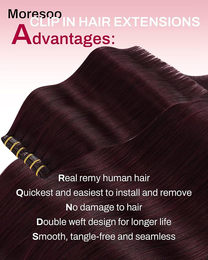 Moresoo Burgundy Clip in Hair Extensions Real Human Hair Dark Red Hair Extensions Real Human Hair Clip ins Double Weft Human Hair Clip in Extensions Red Wine #99J 7pcs 135g 18inch