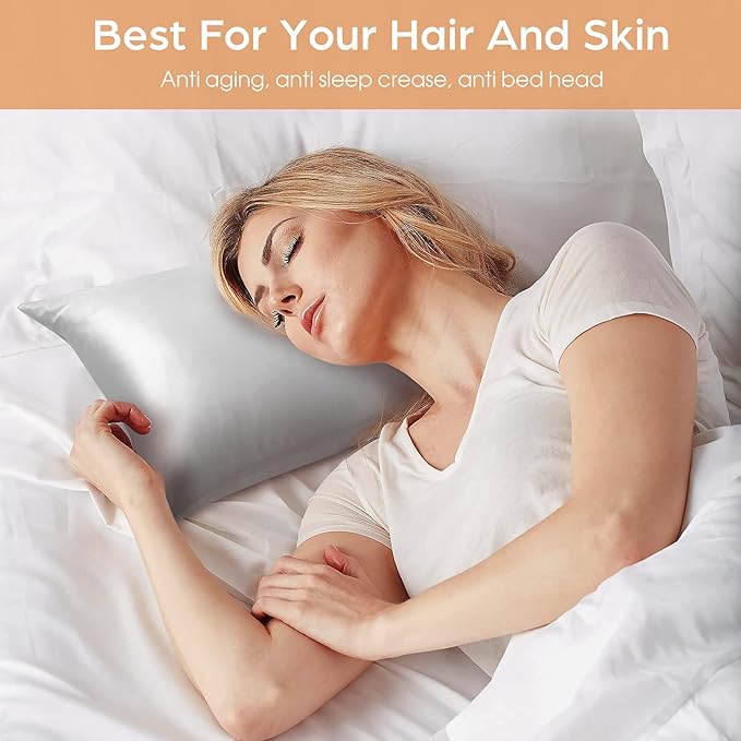 Silk Pillowcase for Hair and Skin, 2 Pack 100% Mulberry Silk Pillowcase 25 Momme, 600 Thread Count, Both Side Pure Silk Pillow Cover with Hidden Zipper (Gray, Queen 20''×30'')