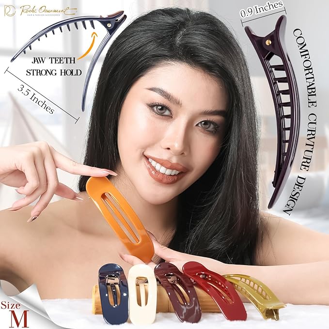 RC ROCHE 6 Pcs Flat Claw Hair Clips for Women Lay Down Barrettes No Crease Side Slide Thick Long Hair Duckbill French Against Head Jaw Claw Styling Clamp, Medium Classic