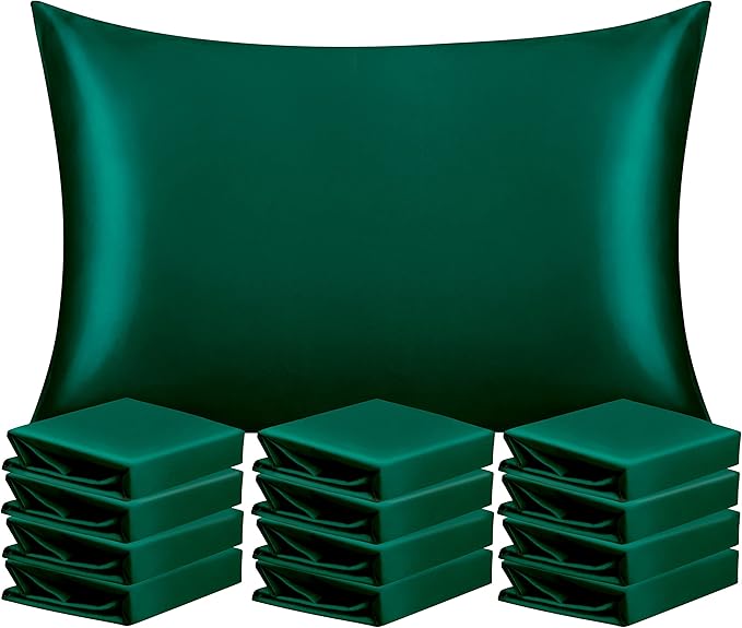 NTBAY 12 Pack Satin Standard Pillowcases for Hair and Skin, Luxurious and Silky Pillow Cases with Envelope Closure, 20 x 26 Inches, Dark Green
