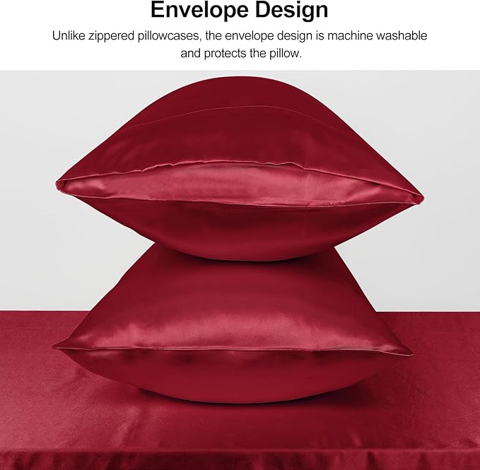 Lirex Satin Pillowcase for Hair and Skin, Super Soft and Cooling Similar to Silk, 2 Pack Standard Size 20"X 26" Pillow Cases with Envelope Closure, Gifts for Women Men, Wine Red