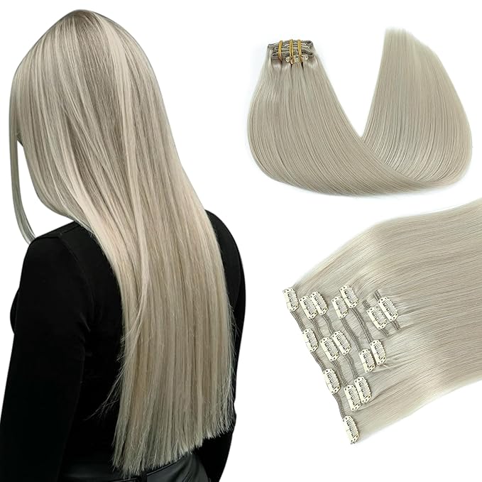PINKPEARL Clip in Hair Extensions Real Human Hair, 14 Inch 120g 7pcs #1000 Gray Blonde Human Hair Extensions Clip Ins, Remy Hair Clip ins(#1000-14)