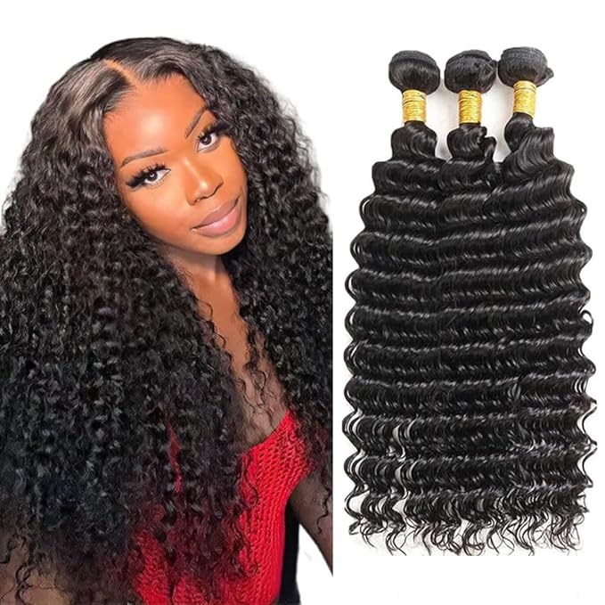 Human Hair Bundles Color 1B Deep Wave Bundle Niegmeag Brazilian Virgin Soft and Silky Remy Hair 3 Bundles 14 16 18 Inch Double Weft Natural Black Loose Deep Wave Bundle 300g