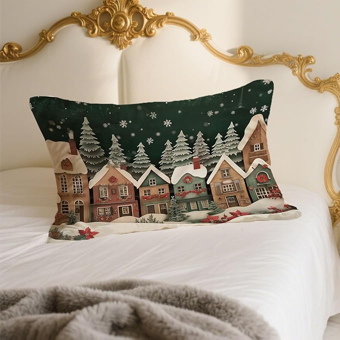 Xmas Colorful Snowy Houses Satin Pillowcase with Zipper for Hair and Skin Red Floral 1 Pack Soft Silk Pillow Case Standard Size Wrinkle-Free Smooth and Cooling Satin Pillow Cover 20”x26”