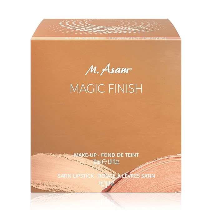 M. Asam MAGIC FINISH Duo Set – Make-Up Mousse (1.01 Fl Oz) & Lipstick Hazelnut Heaven (0.14 Oz), 4in1 Primer, Foundation, Concealer and Powder & Satin Lipstick in creamy-nutty Nude Shade