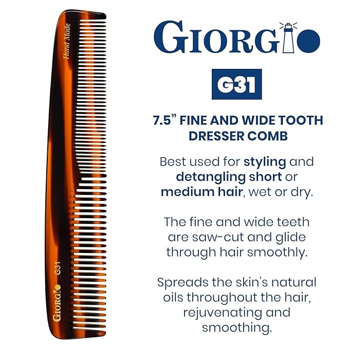 Giorgio G31 TortoiseShell Fine Tooth and Wide Tooth Hair Comb, Styling Comb, Grooming Hair Combs for Women, Mens Beard Care Combs for Detangling and Styling - Handmade Saw-Cut and Hand Polished