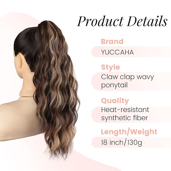 Claw Clip Ponytail Extension 18 Inch Curly Wavy Ponytail Extension Jaw Clip on Pony Tails Hairpiece for Women Fluffy Natural Synthetic for Daily Use (Dark Brown Mixed Honey Brown)