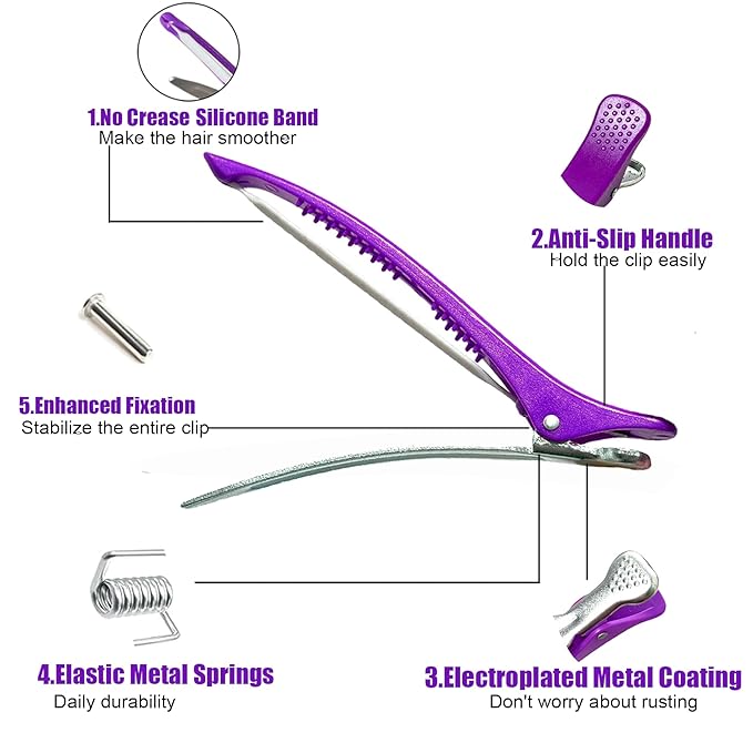 10 pcs Professional Hair Clips for Styling Sectioning - Sectioning Hair Clips for Styling, No-Crease Silicone Band& Anti-Slip Grip, Hair Cutting Clips for Blowouts, Curling, Coloring（Purple）
