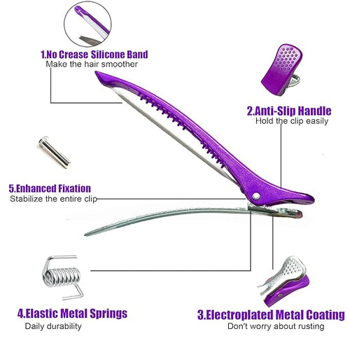 10 pcs Professional Hair Clips for Styling Sectioning - Sectioning Hair Clips for Styling, No-Crease Silicone Band& Anti-Slip Grip, Hair Cutting Clips for Blowouts, Curling, Coloring（Purple）