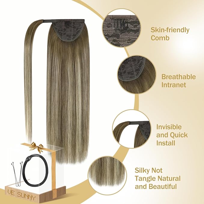 Ve Sunny Hair Extensions Ponytail Real Human Hair Wrap Around Clip in Ponytail Hair Extensions Straight Extensions Human Hair for Women Walnut Brown Ombre Light Brown Balayage Blonde 16inch 80G
