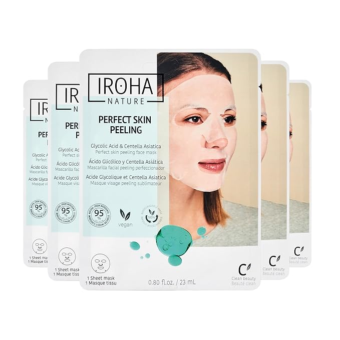 IROHA NATURE Glycolic Acid Peeling Face Mask (Pack of 5) | Skin Perfecting for a Radiant & Smooth Look | Instant Regeneration in Just 15 Minutes | Clean Beauty | 100% Vegan