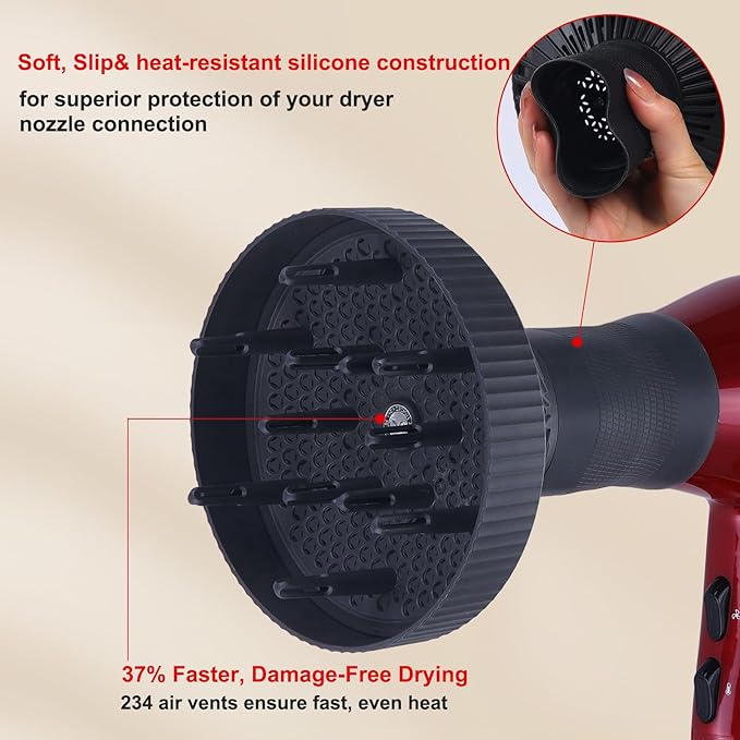 PERFEHAIR Hair Diffuser for Curly Hair, Professional Salon Frizz-Free Fast Blow Dry Diffuser Attachment with 1.57"-2" Nozzle, Black