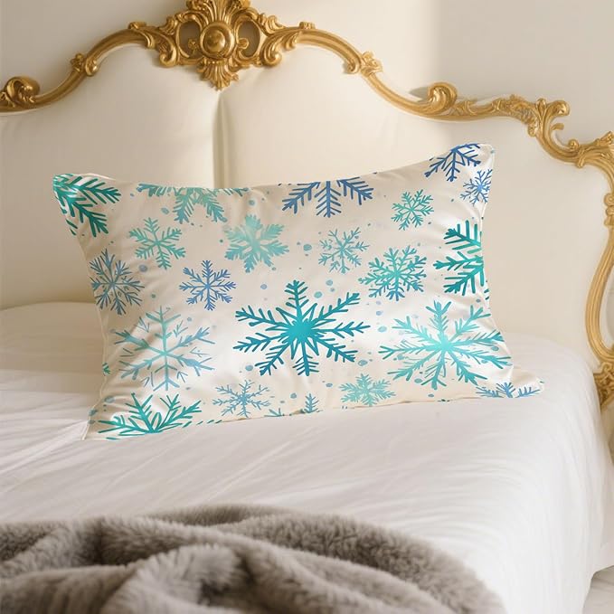 1 Pack Satin Pillowcase for Hair and Skin Blue and Turquoise Snowflakes Imitation Silk Pillowcase with Hidden Zipper Soft Breathable Pillow Cover Standard Size for Bedroom Sofa 20”x26”