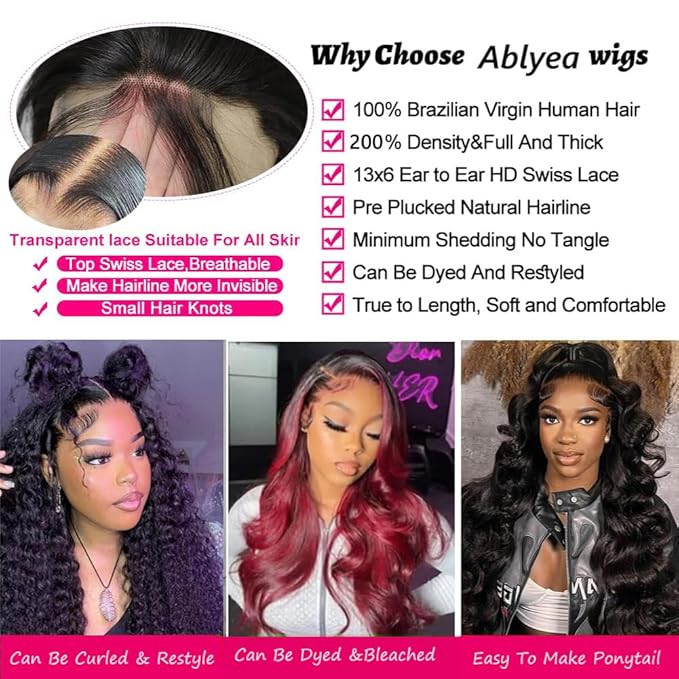 13x6 HD Lace Front Wigs Human hair Pre Plucked 200 Density Brazilian Body Wave Frontal Wigs Human Hair with Baby Hair Natural Hairline Natural Black Color 22Inch