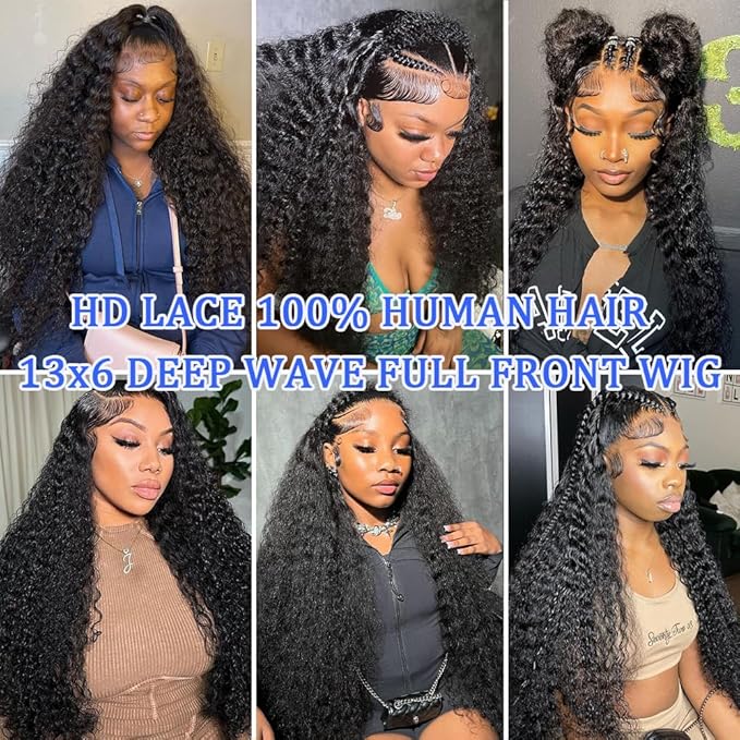 26 Inch Deep Wave Lace Front Wigs Human Hair Pre Plucked 13x6 HD Transparent Lace Frontal Wigs Human Hair 200 Density Deep Curly Glueless Wigs Human Hair For Women